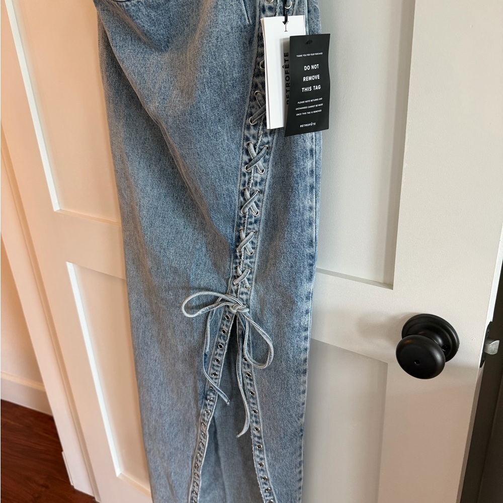Retrofete Light Blue jean skirt, with Lace-Up Detail